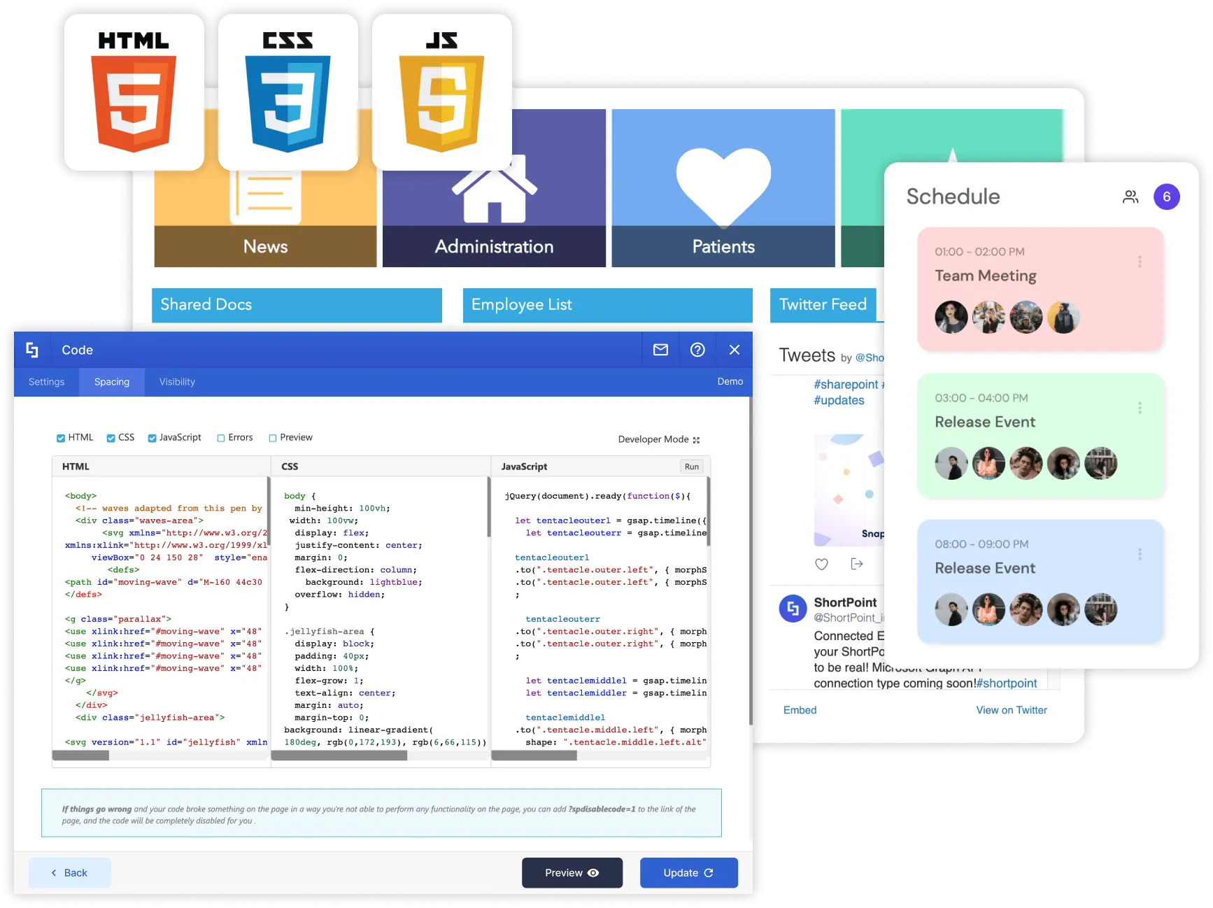 ShortPoint code integration interface with HTML/CSS/JS editor and live preview panel on a SharePoint page