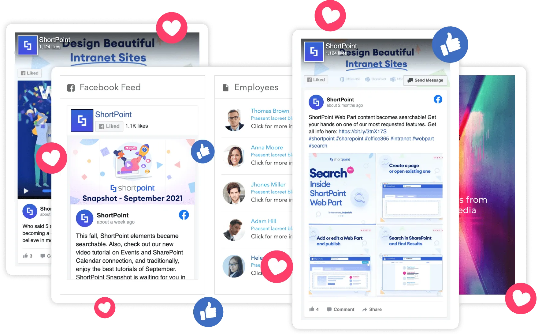 ShortPoint Facebook integration showing a company Facebook page feed embedded on a SharePoint intranet page