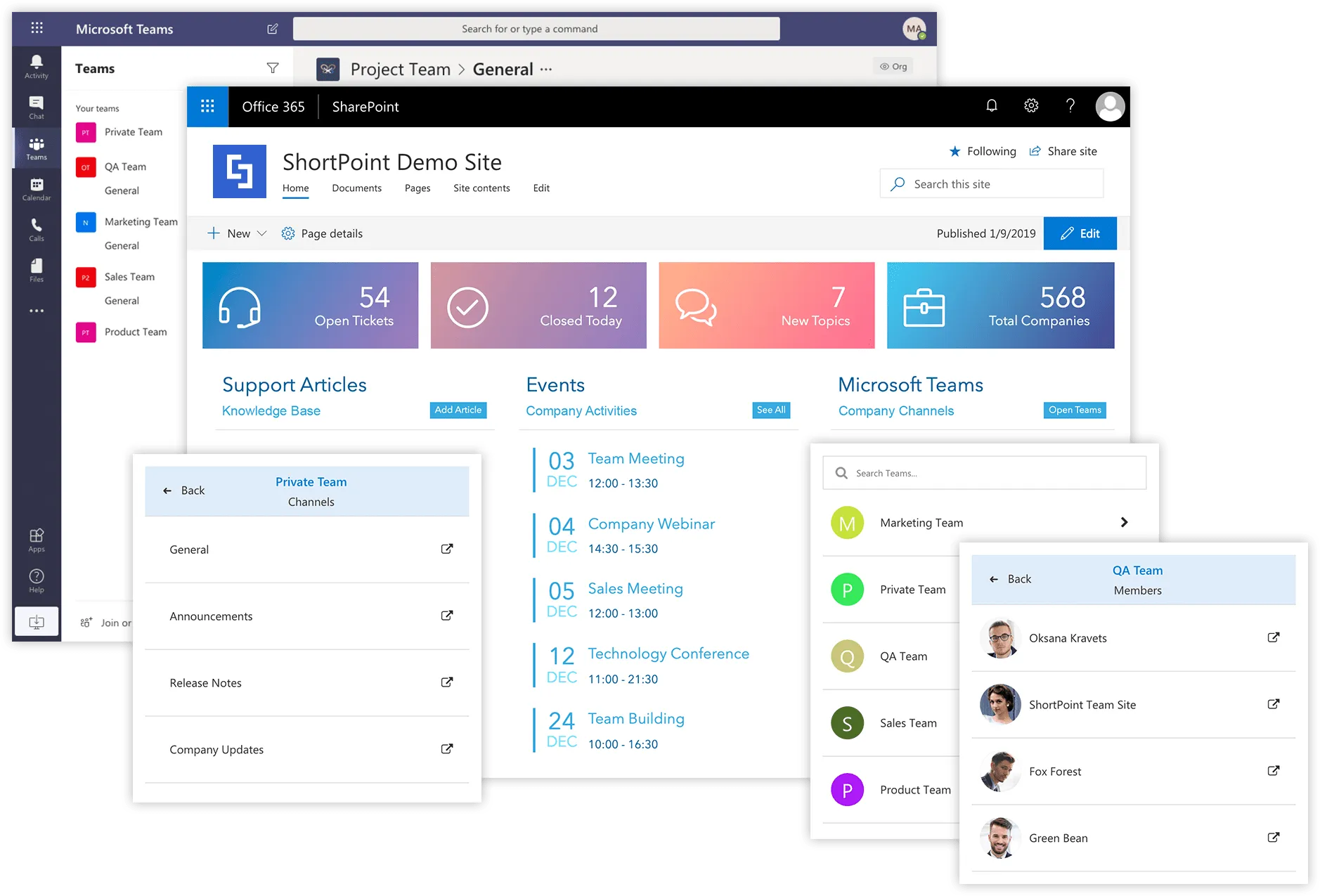 ShortPoint Teams integration showing a Microsoft Teams channel conversation embedded on a SharePoint intranet page
