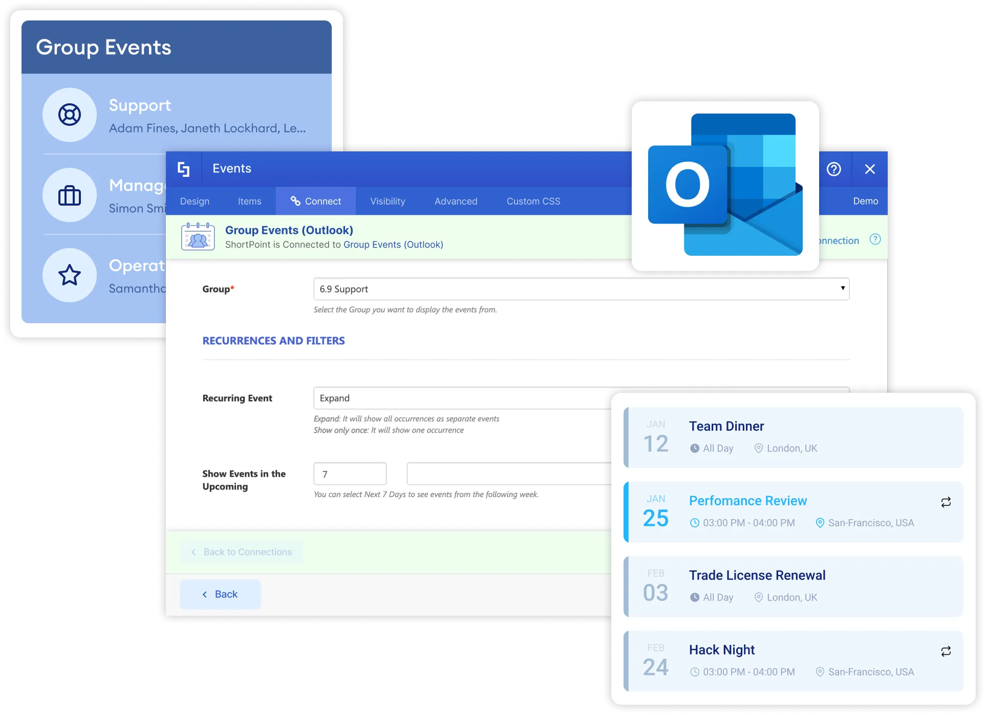 ShortPoint group events connection showing Office 365 group calendar events in a styled card layout on SharePoint