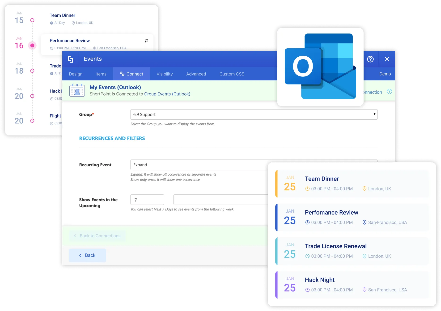 ShortPoint My Events connection displaying a user's personal Outlook calendar events in a styled list on a SharePoint page