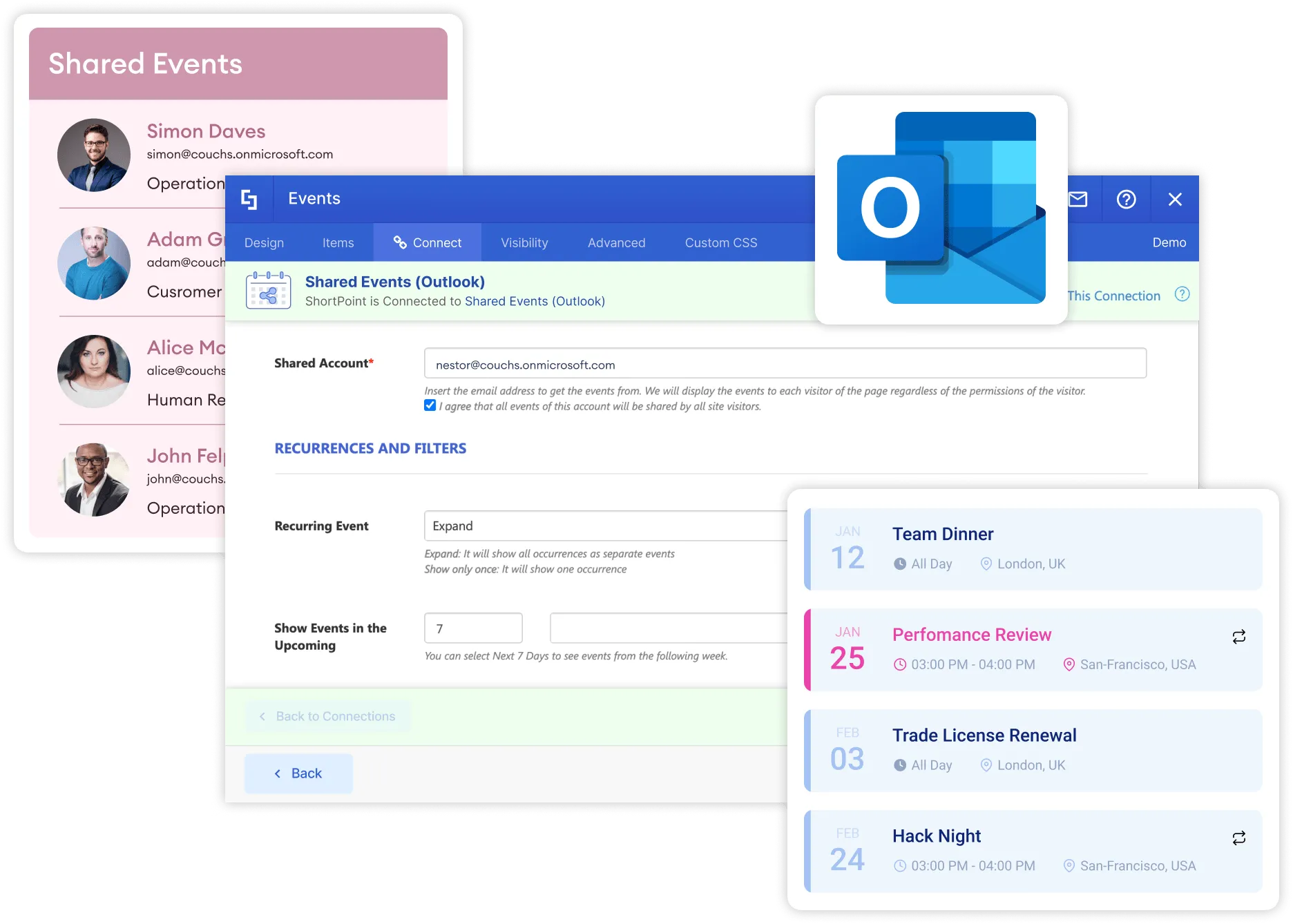 ShortPoint shared events connection displaying room or shared mailbox calendar events on a SharePoint page