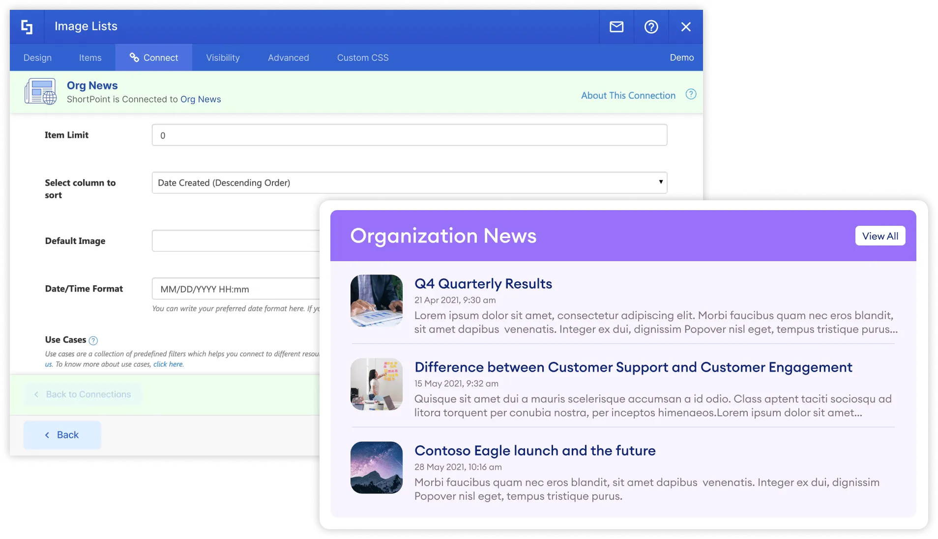 ShortPoint organization news connection showing company-wide SharePoint news posts in a styled announcement feed