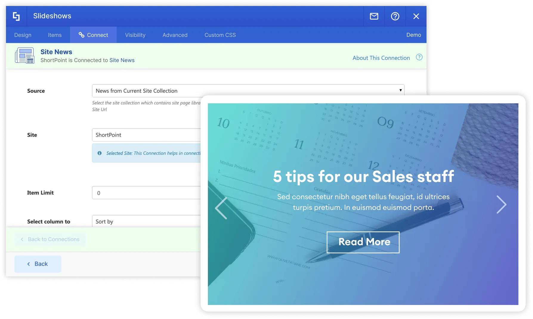 ShortPoint site news connection showing SharePoint news posts rendered as styled cards with thumbnails and summaries