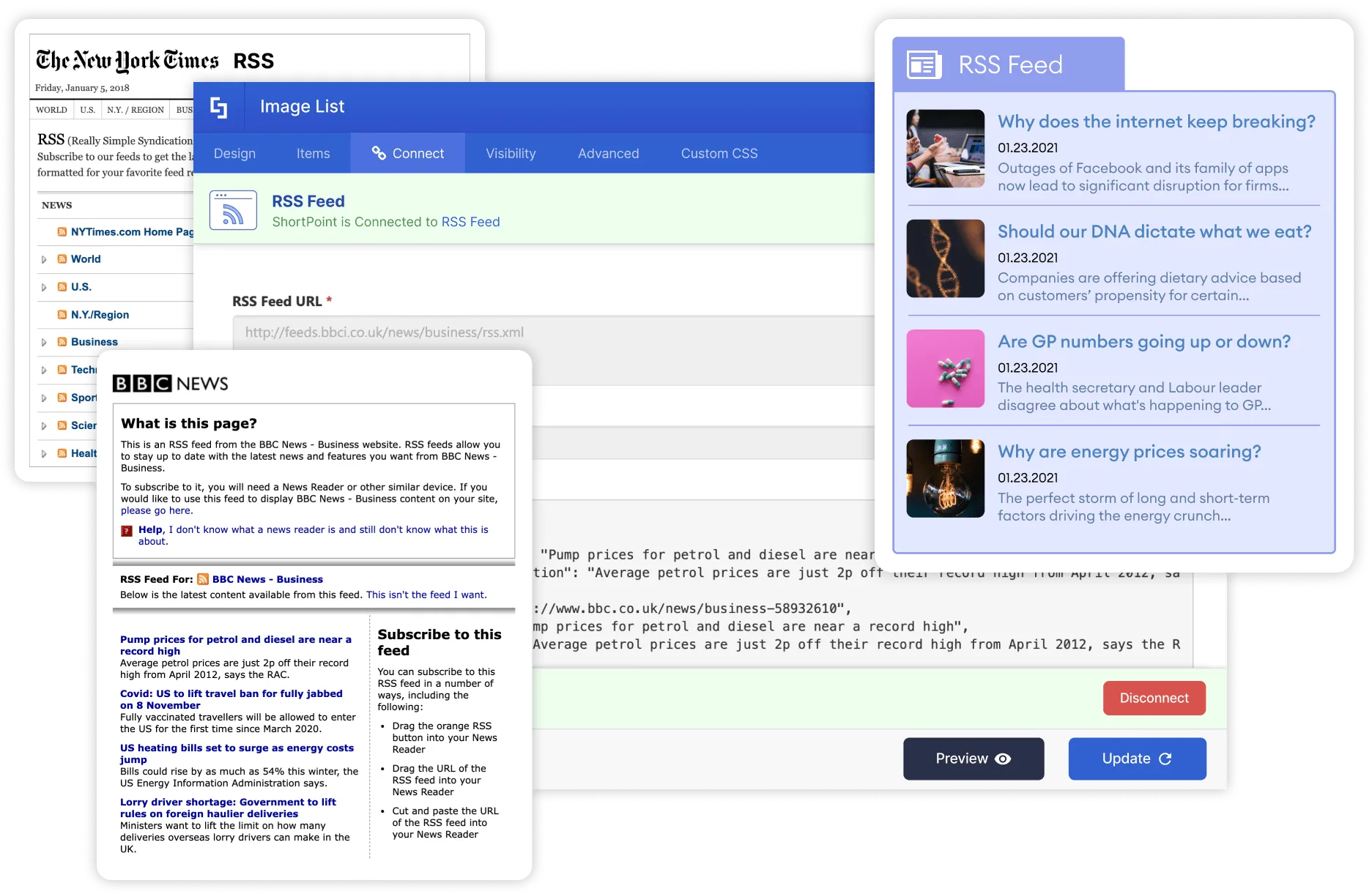 ShortPoint RSS feed connection showing external blog and news articles rendered as styled cards on a SharePoint page