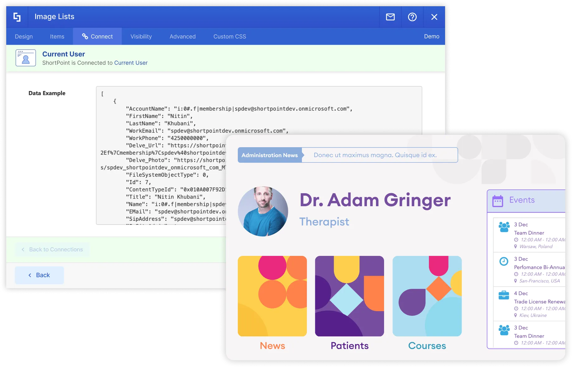 ShortPoint current user integration showing personalized employee name, photo, and role pulled from Azure AD on a SharePoint page