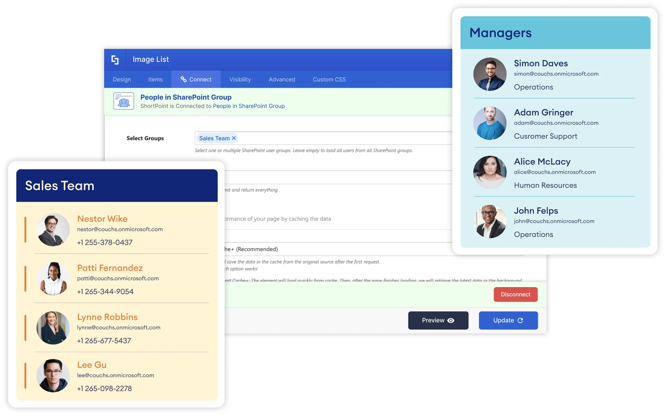 ShortPoint SharePoint group connection showing team member profile cards pulled from a SharePoint security group