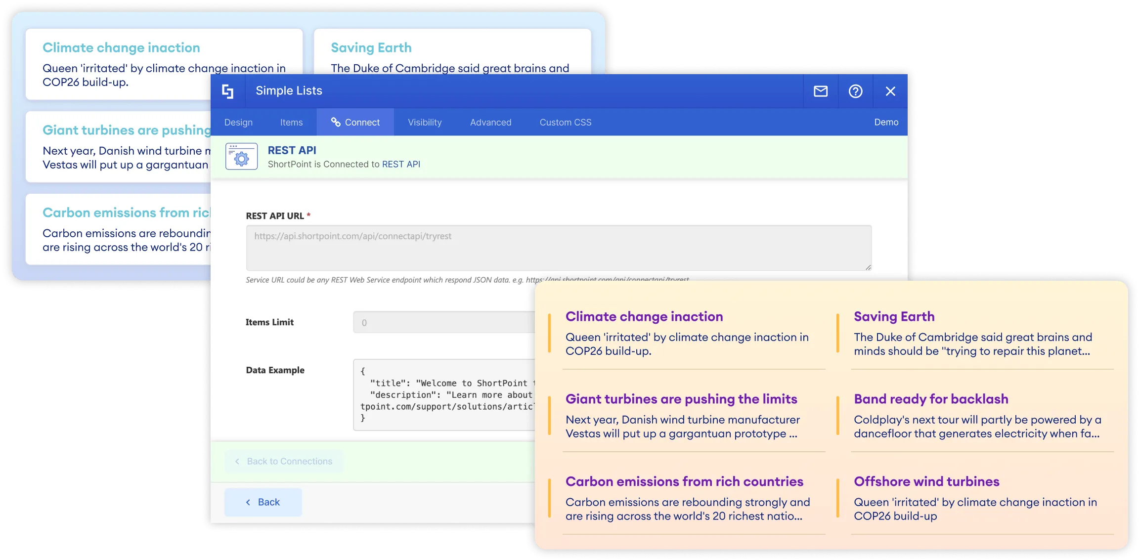 ShortPoint REST API connection interface with query builder and styled SharePoint list data output on a page
