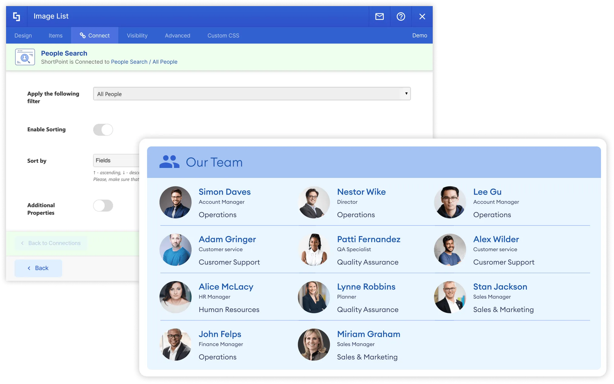 ShortPoint people search connection showing a searchable employee directory with profile photo cards on a SharePoint page