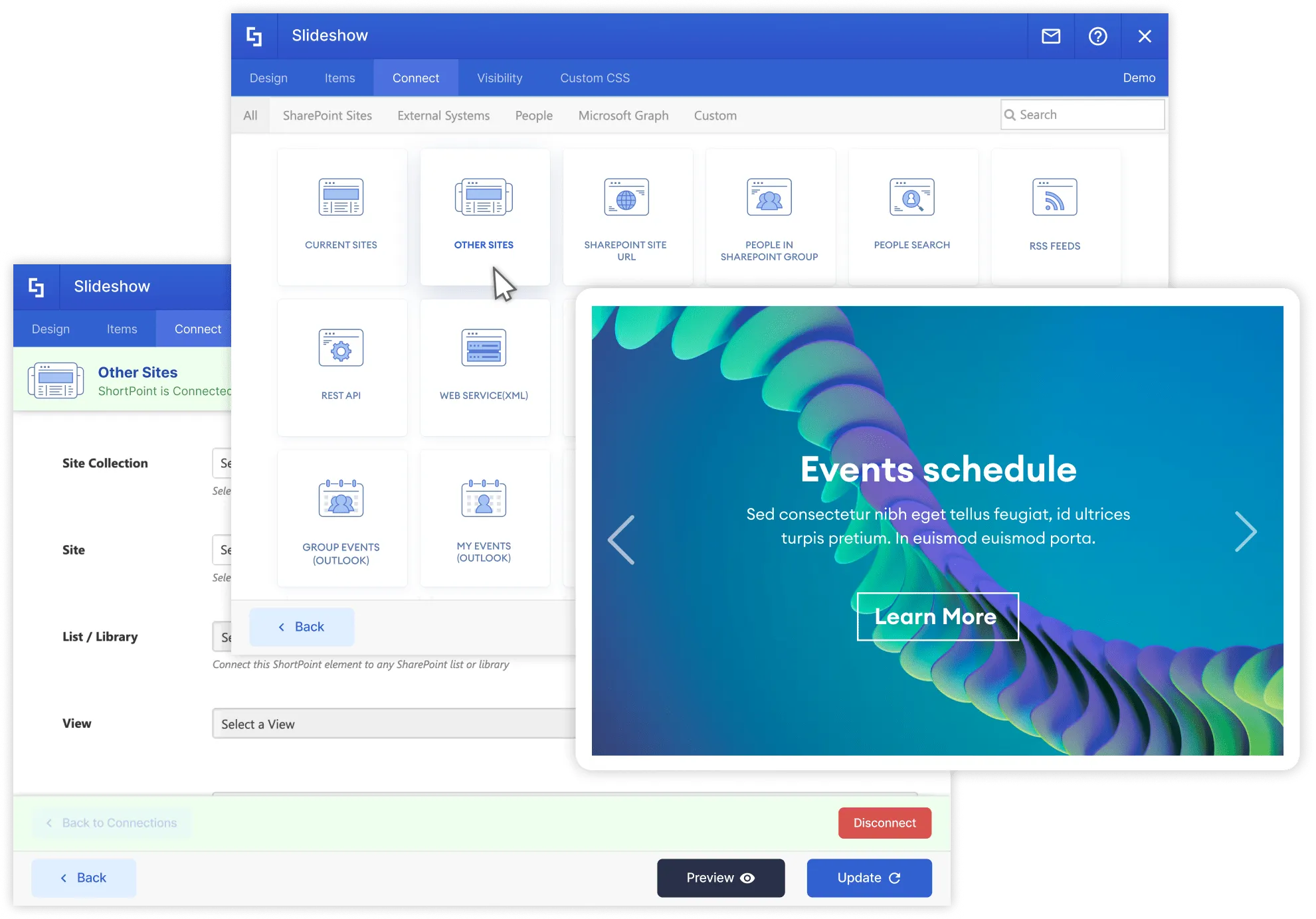 ShortPoint other sites integration displaying content from multiple SharePoint sites combined on a single intranet page