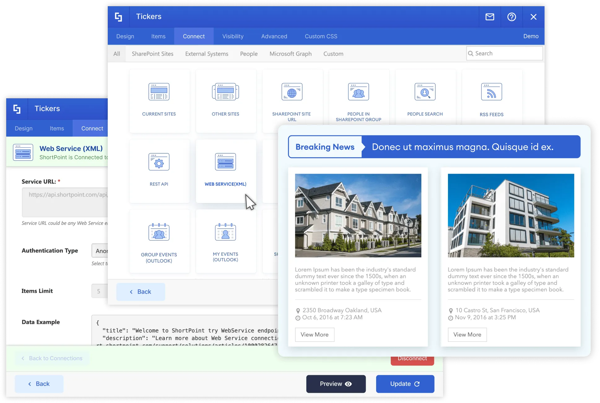 ShortPoint web service XML integration pulling external API data and rendering it as formatted content on a SharePoint page