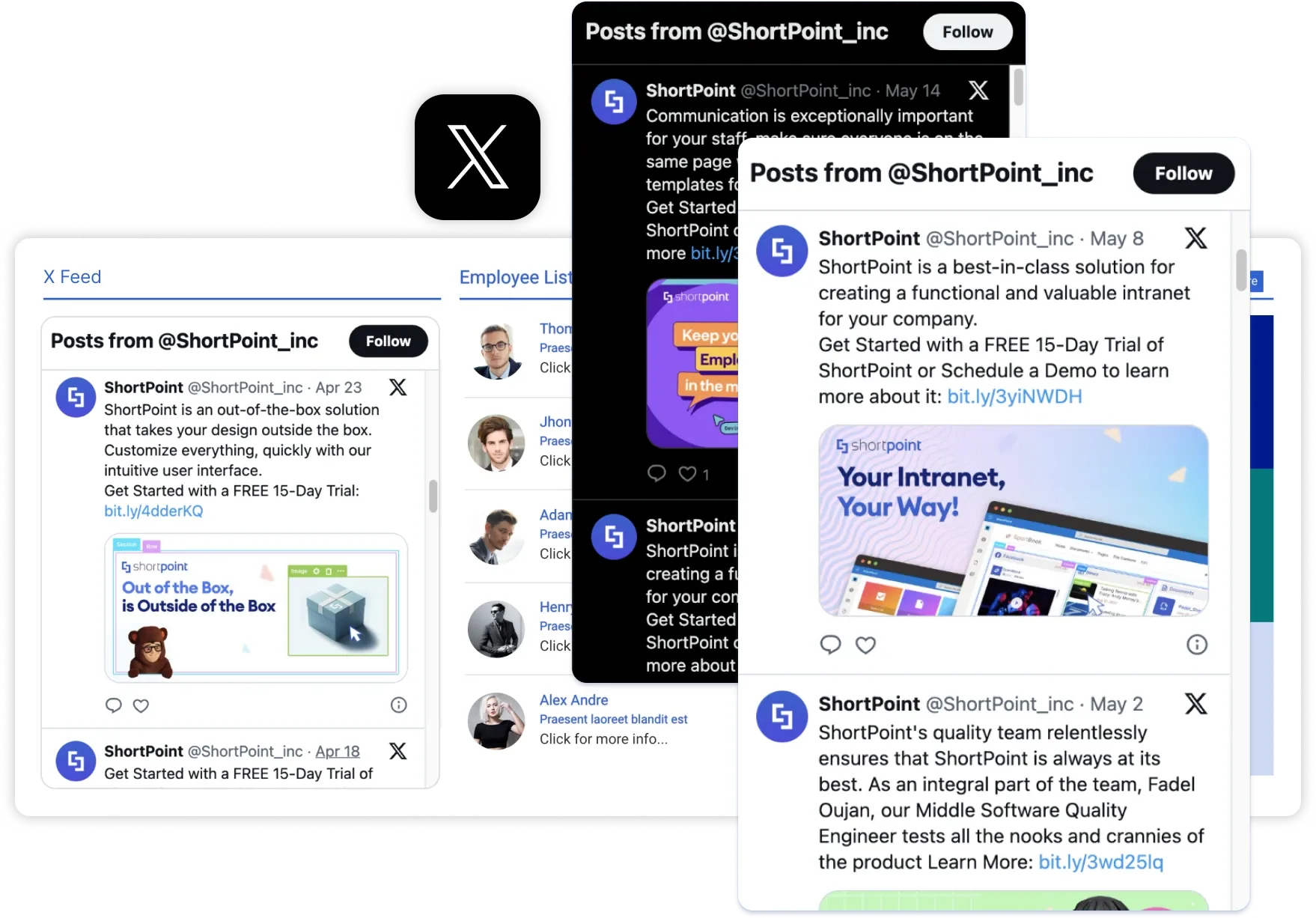 ShortPoint X integration showing a Twitter/X timeline feed embedded on a SharePoint intranet page
