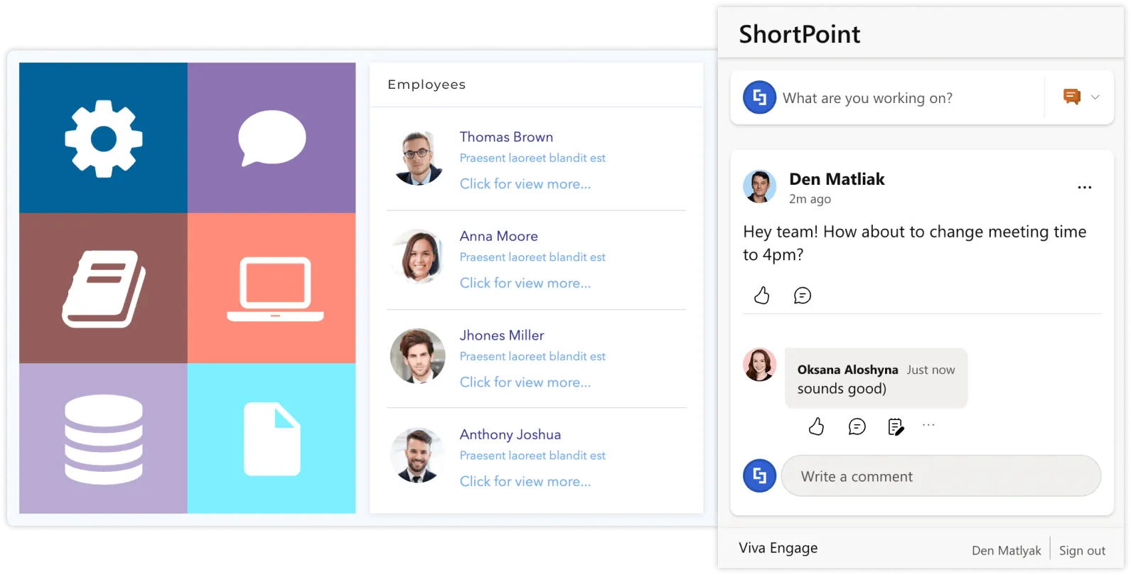 ShortPoint Viva Engage connection showing a community discussion feed embedded on a SharePoint intranet page