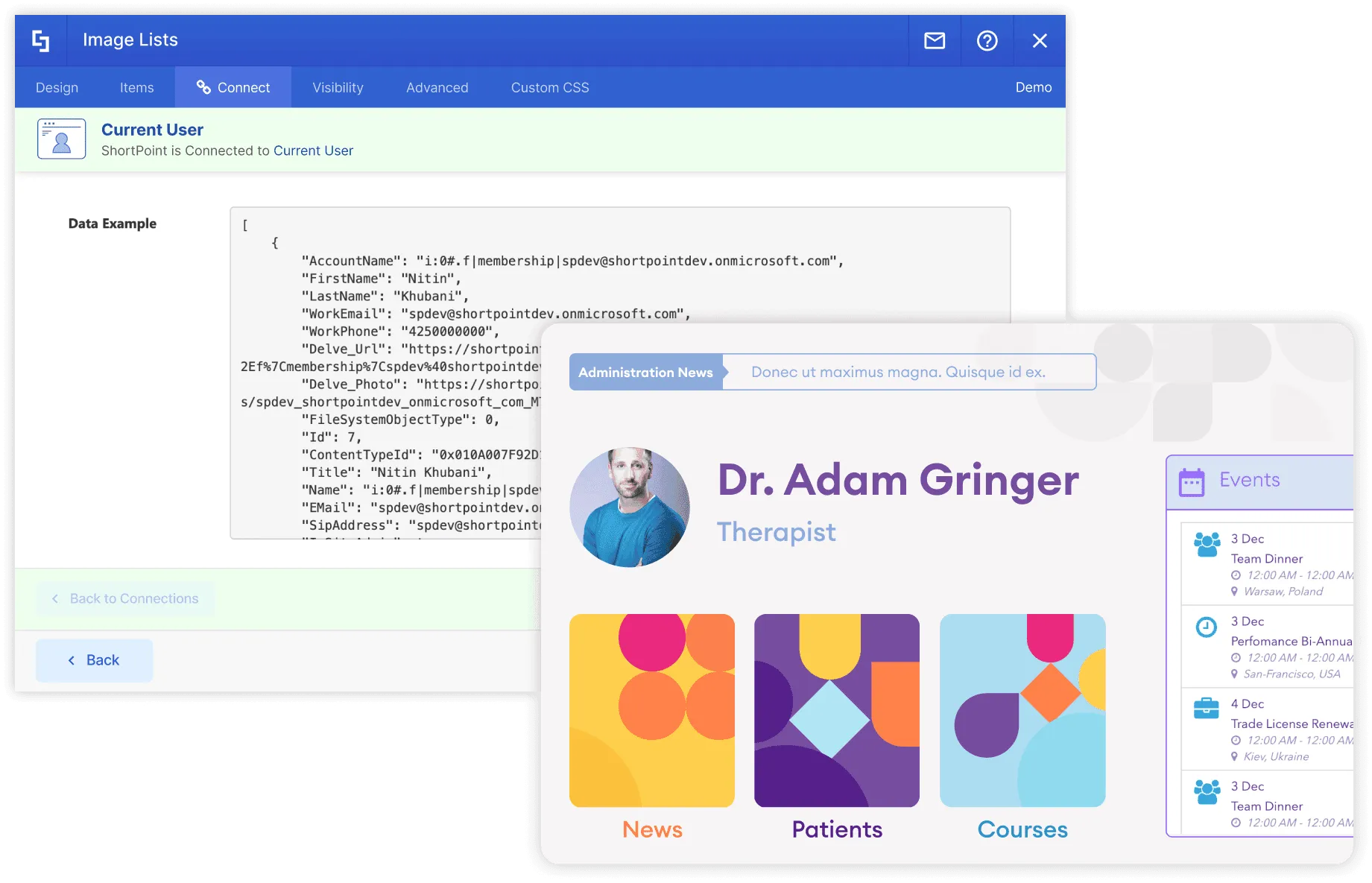 ShortPoint current user integration showing personalized employee name, photo, and role pulled from Azure AD on a SharePoint page
