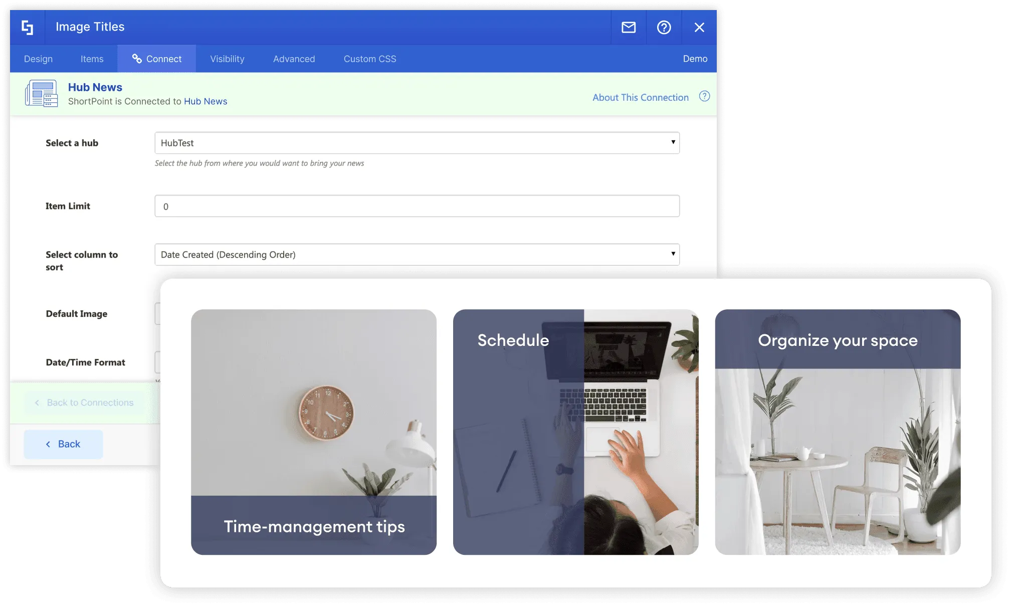ShortPoint hub news connection aggregating news posts from multiple hub-connected SharePoint sites into one feed