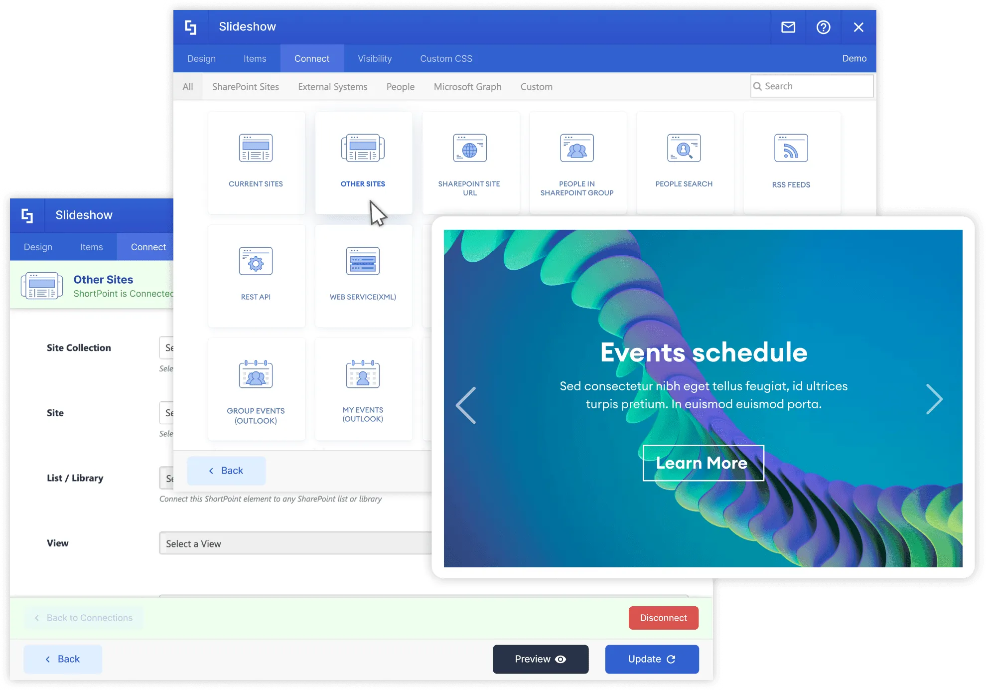 ShortPoint other sites integration displaying content from multiple SharePoint sites combined on a single intranet page