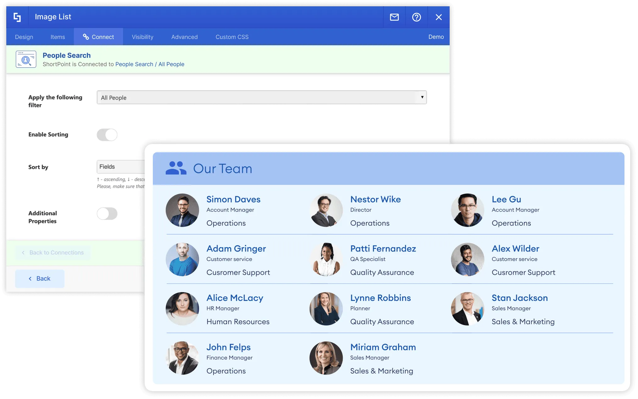 ShortPoint people search connection showing a searchable employee directory with profile photo cards on a SharePoint page