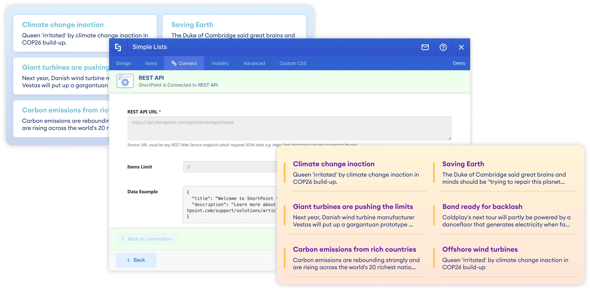 ShortPoint REST API connection interface with query builder and styled SharePoint list data output on a page