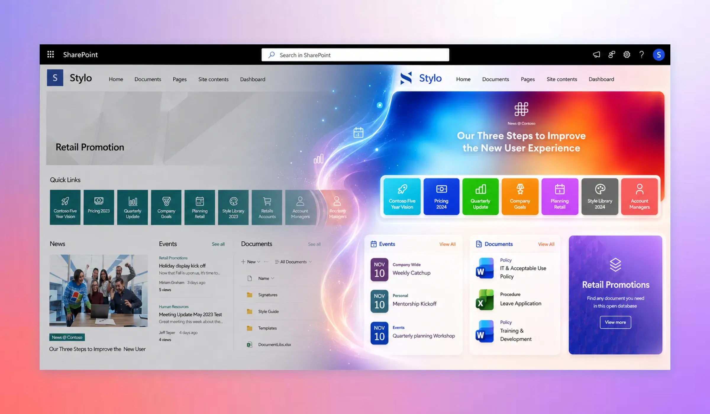 Side-by-side comparison of a default SharePoint page and a professionally designed SharePoint intranet built with ShortPoint