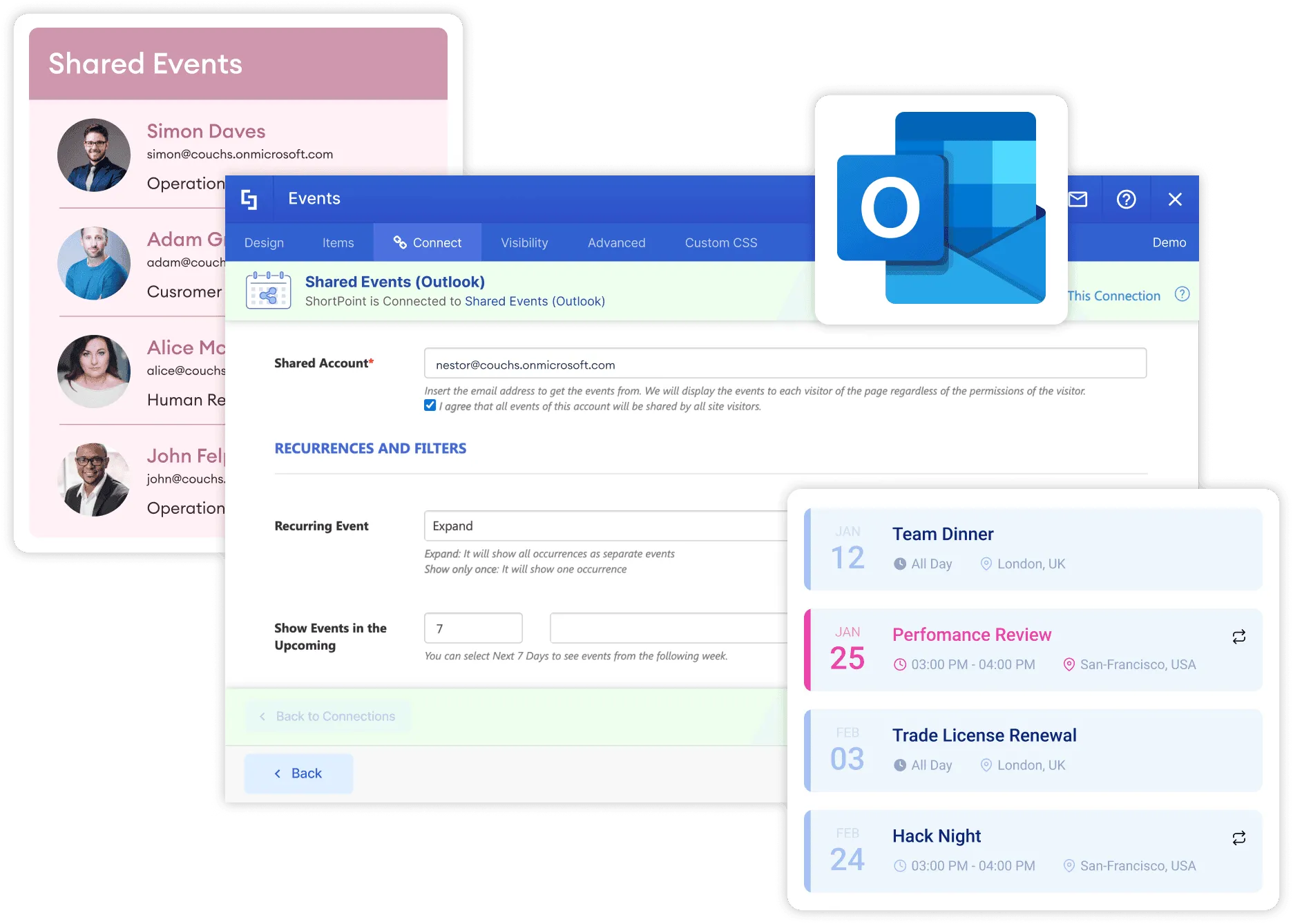 ShortPoint shared events connection displaying room or shared mailbox calendar events on a SharePoint page