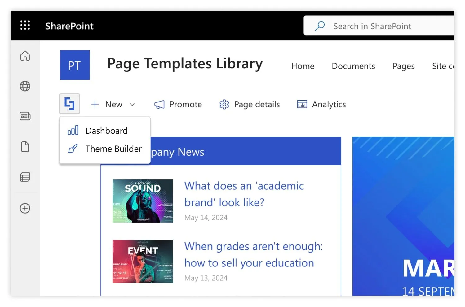 dashboard and theme builder shortcut