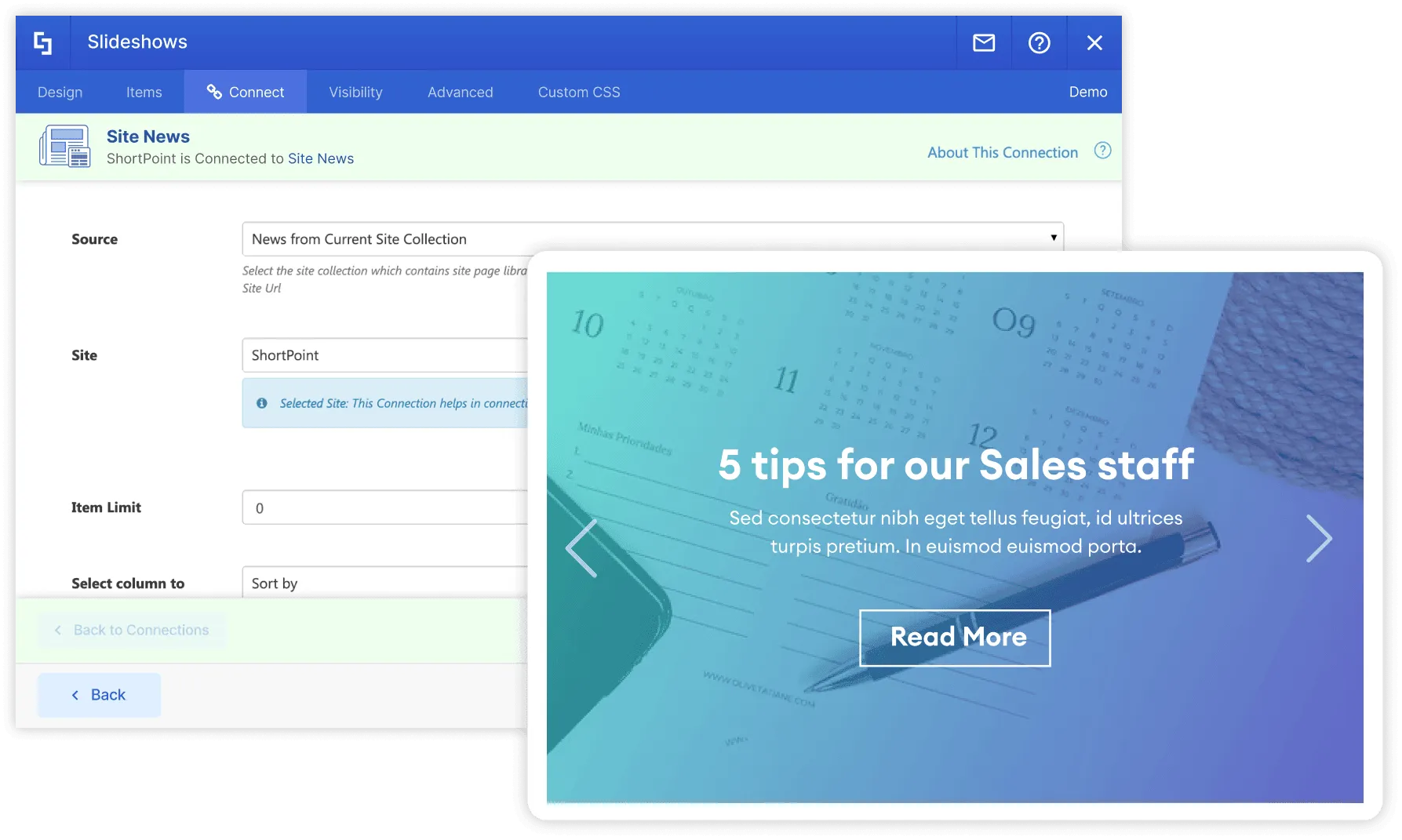 ShortPoint site news connection showing SharePoint news posts rendered as styled cards with thumbnails and summaries
