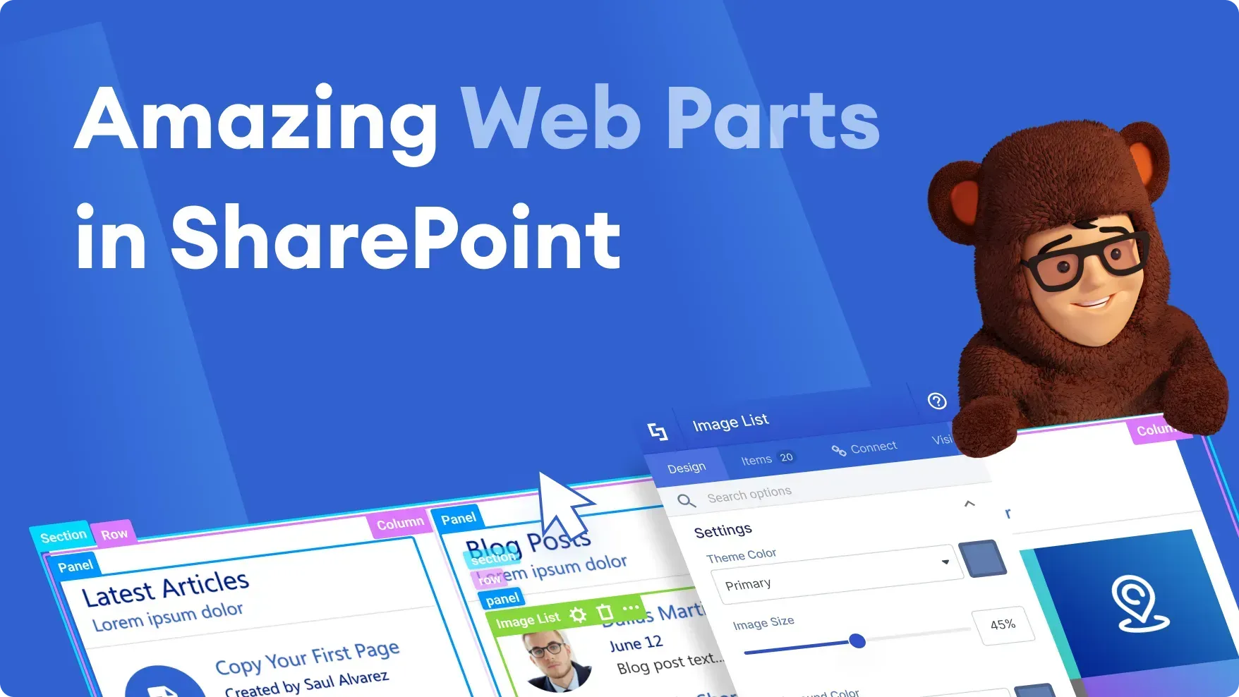Collection of SharePoint web parts including cards, carousels, and interactive design elements