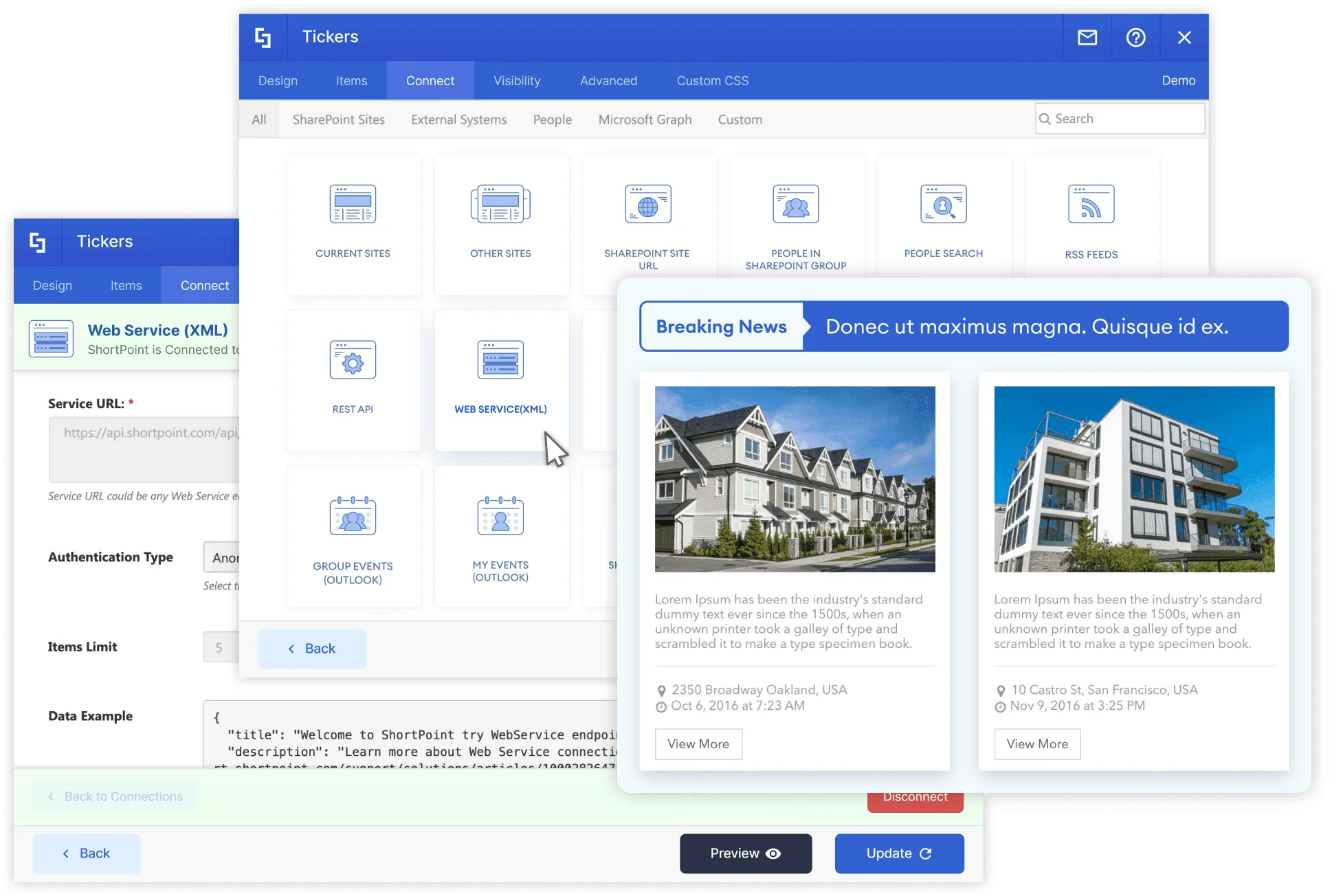 ShortPoint web service XML integration pulling external API data and rendering it as formatted content on a SharePoint page