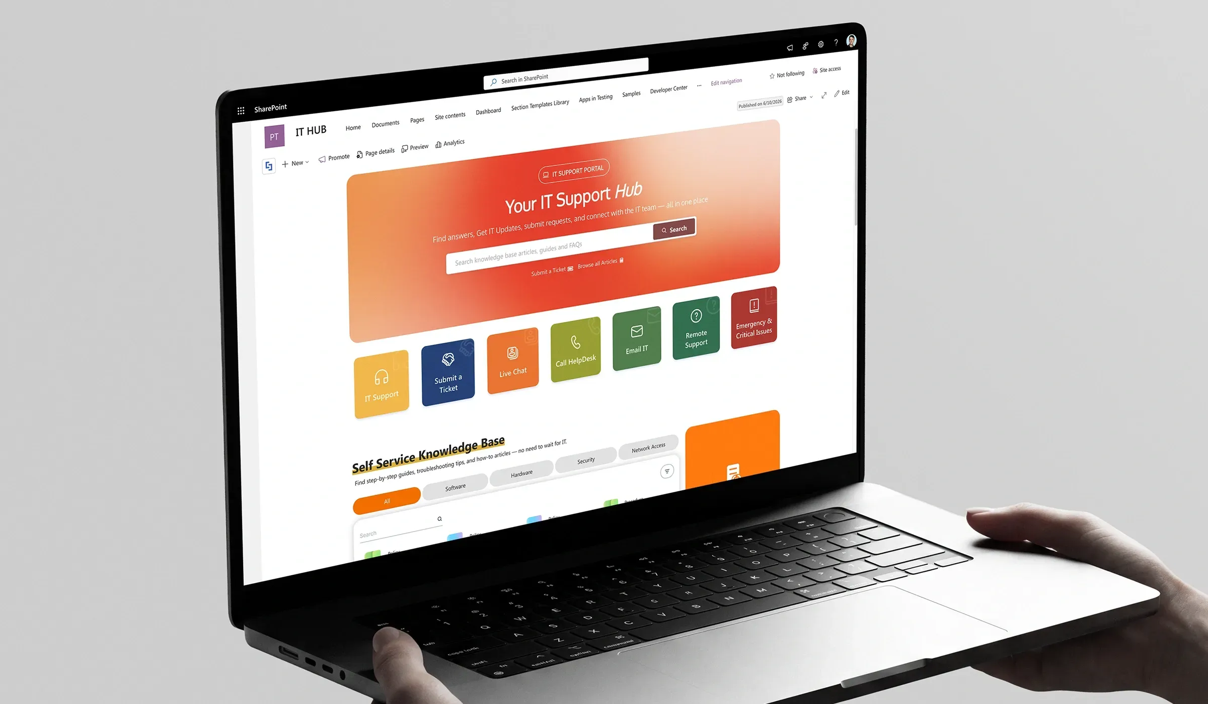 A professionally designed SharePoint intranet homepage built with ShortPoint, displayed in a browser window