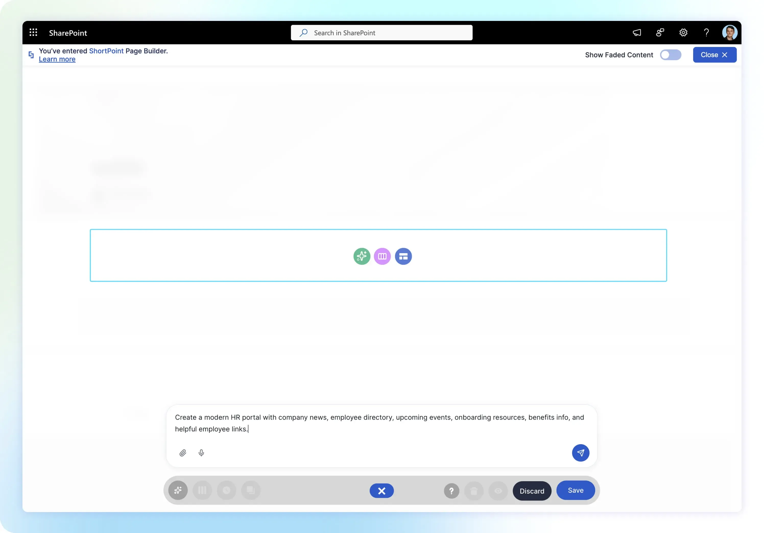 Screen recording of AI generating a SharePoint intranet homepage from a typed text prompt in real time