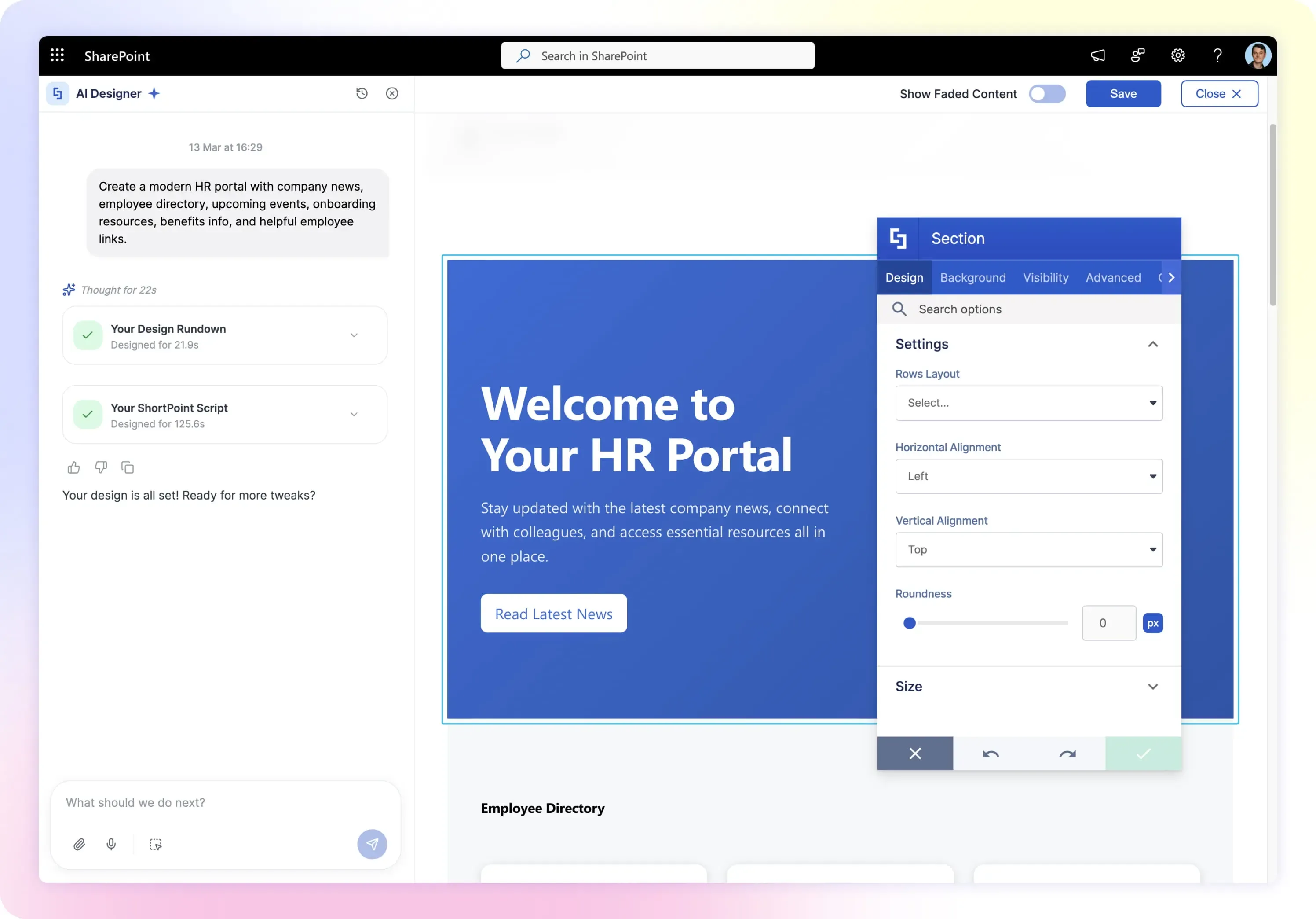 Screen recording of a user refining a SharePoint page layout through conversational AI editing prompts