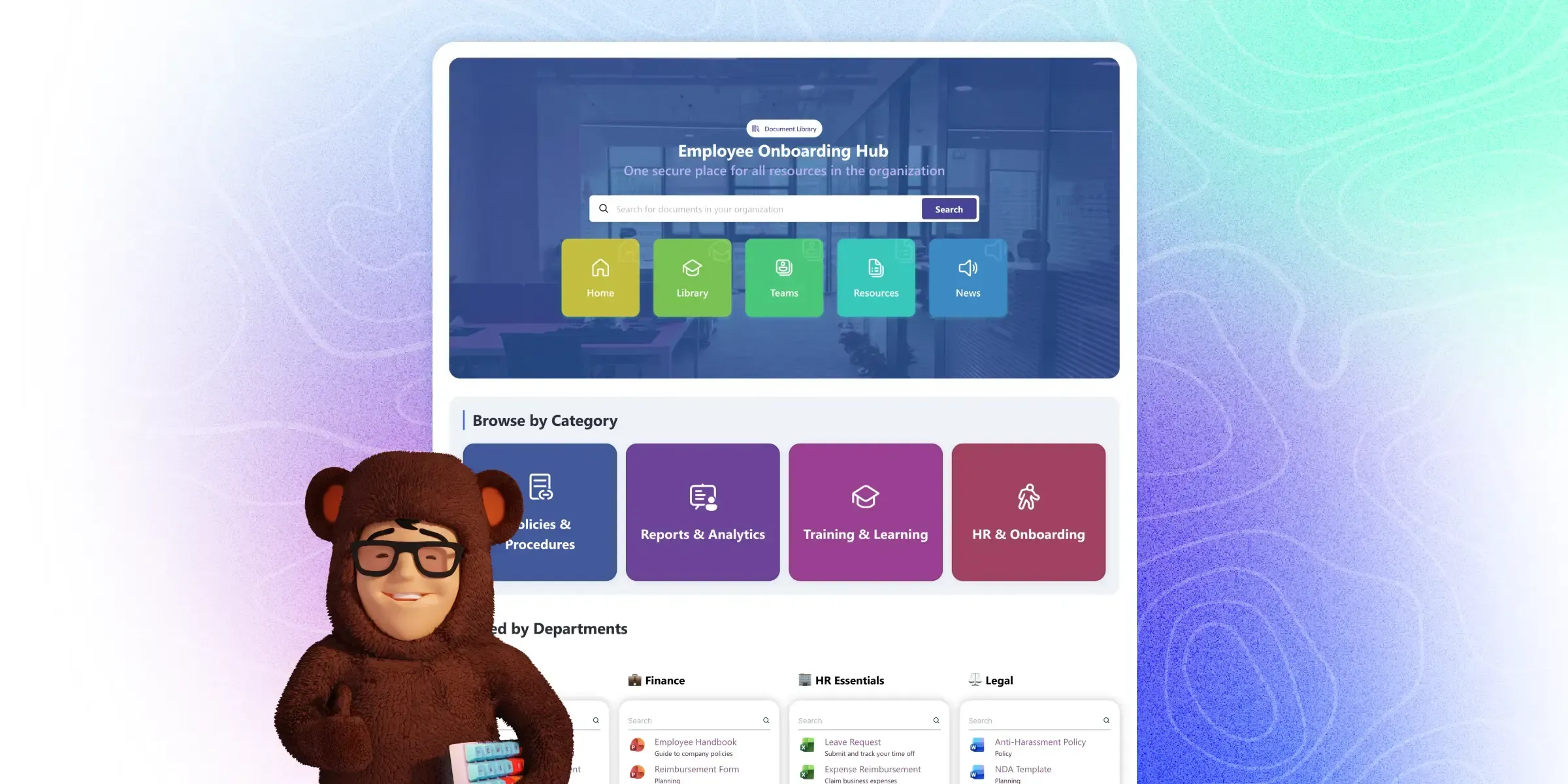AI-generated SharePoint HR portal with onboarding checklist and benefits cards