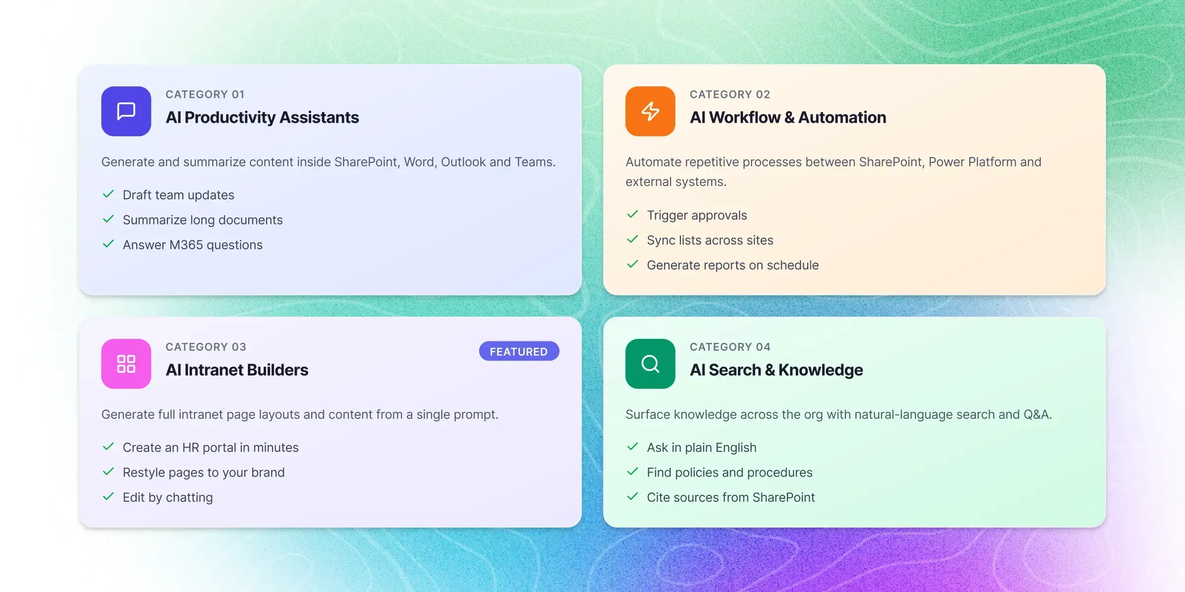 Four categories of AI tools for SharePoint: assistants, automation, intranet builders, search