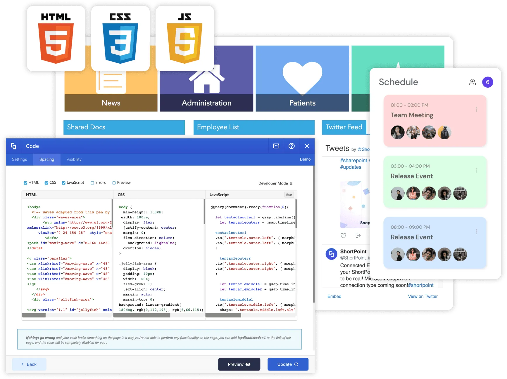 ShortPoint code integration interface with HTML/CSS/JS editor and live preview panel on a SharePoint page