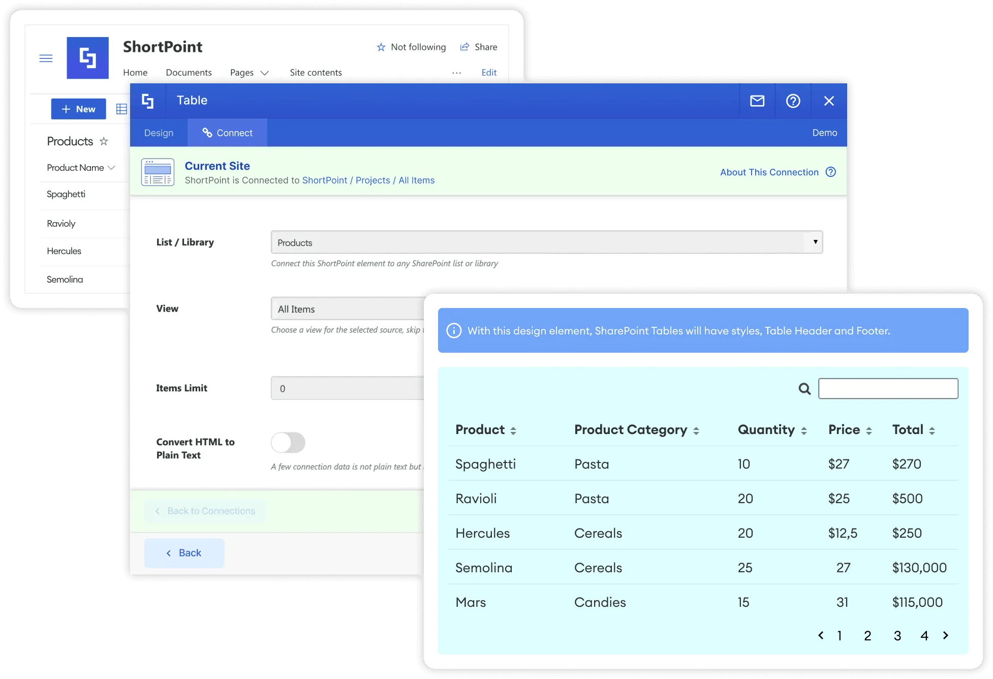 ShortPoint current site connection showing dynamic SharePoint list data rendered in a styled card layout