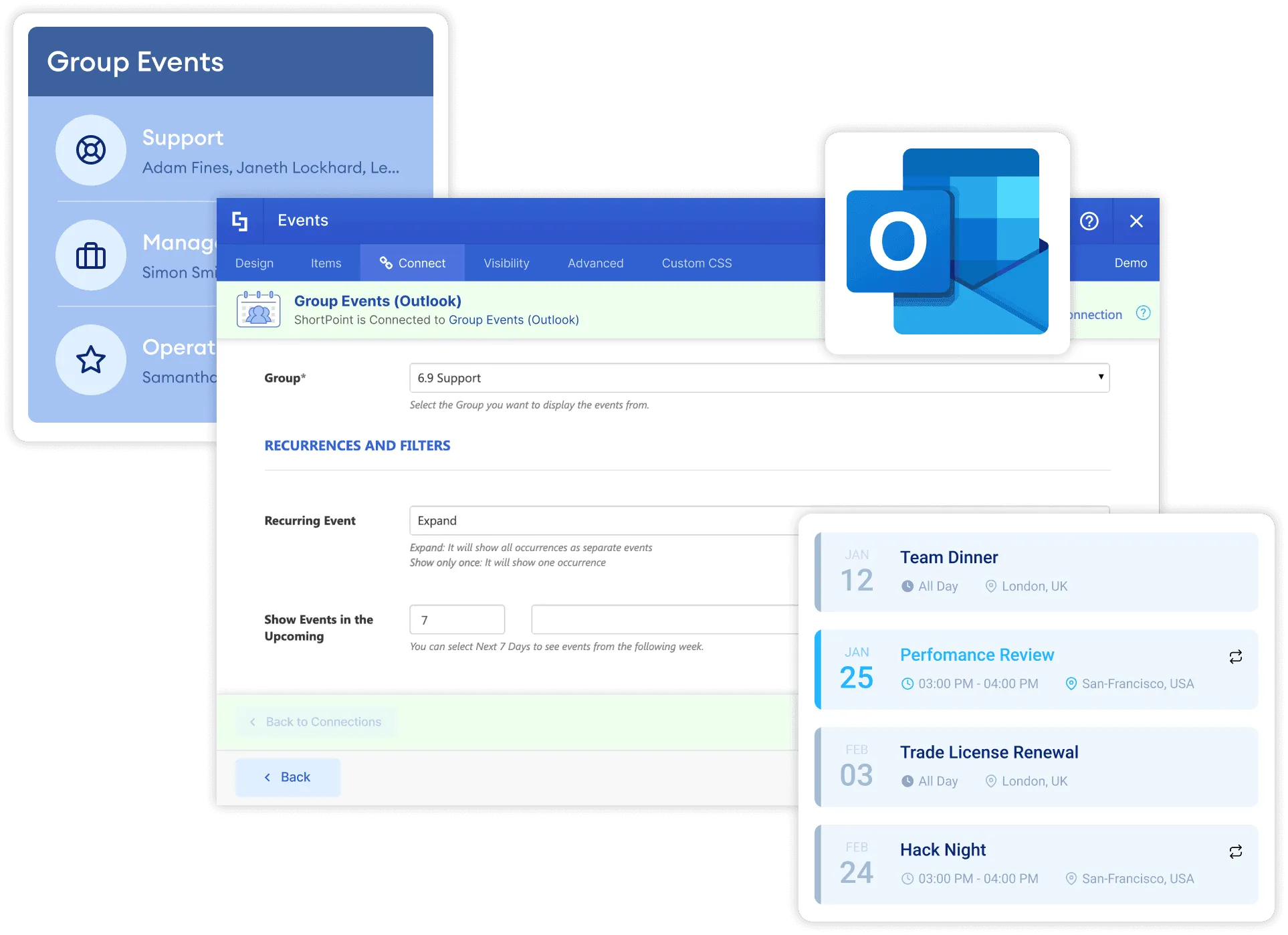 ShortPoint group events connection showing Office 365 group calendar events in a styled card layout on SharePoint