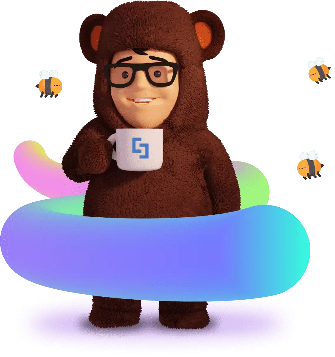Kevin the bear, holding a cup of coffee
