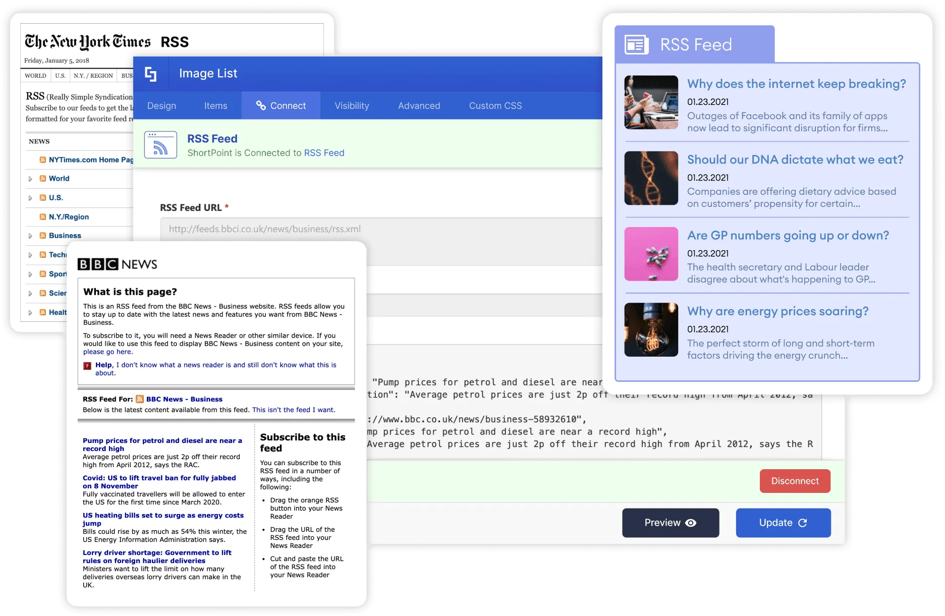 ShortPoint RSS feed connection showing external blog and news articles rendered as styled cards on a SharePoint page