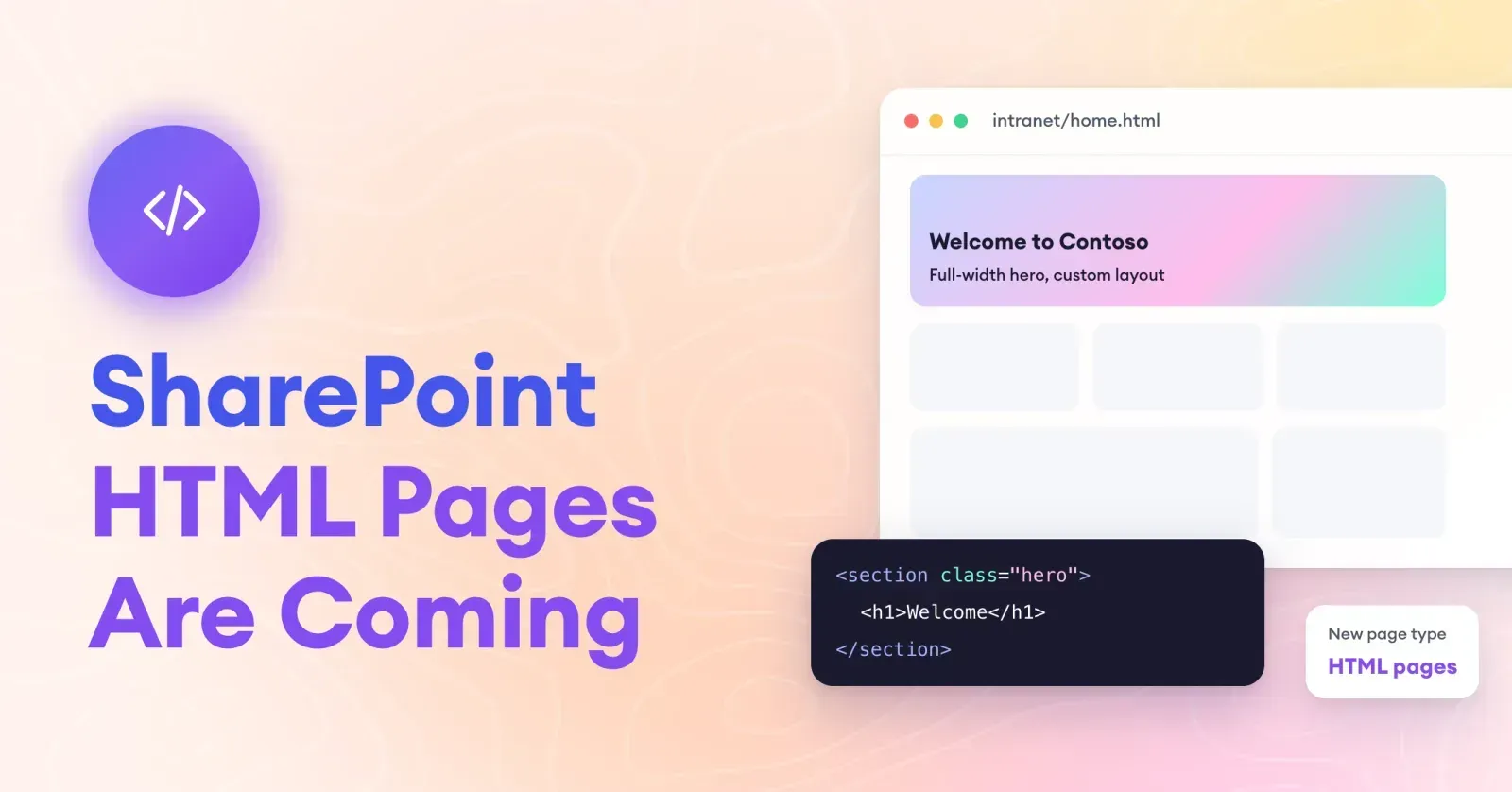 SharePoint HTML page example with a custom hero section and HTML code snippet