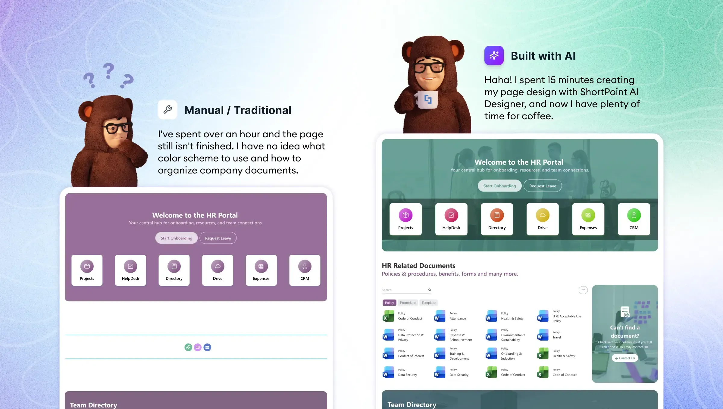 SharePoint page built manually compared to one generated with an AI intranet builder