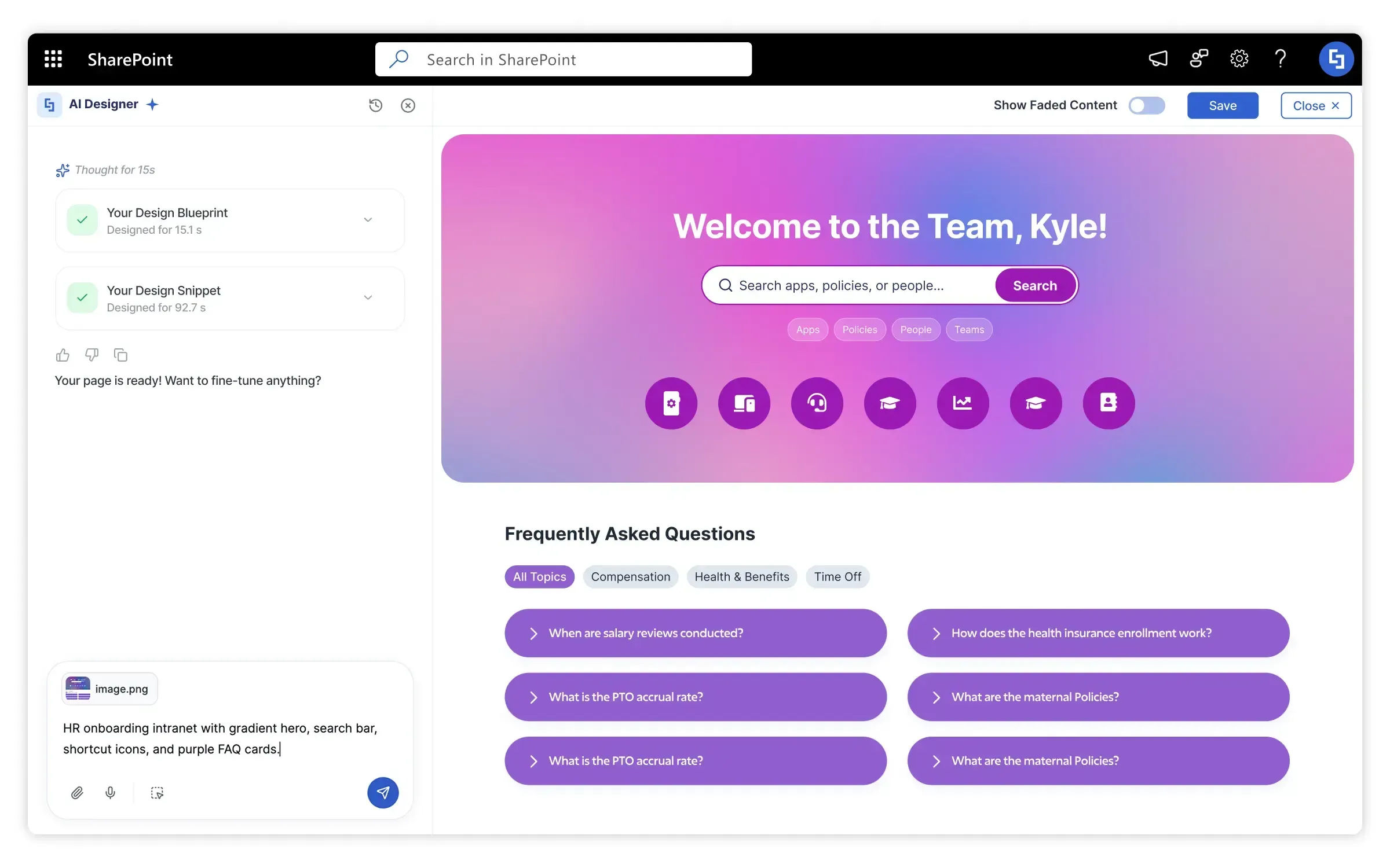 ShortPoint AI Designer generating a SharePoint intranet page from a prompt