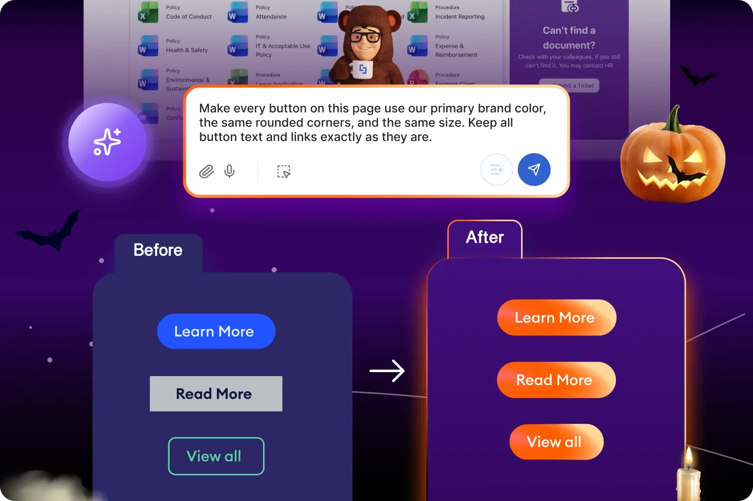 An AI Designer prompt turning mismatched buttons into matching brand-colored buttons