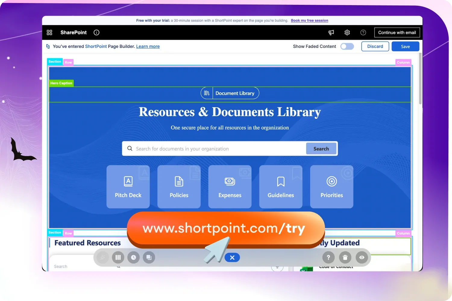 A Try ShortPoint trial site open in Page Builder