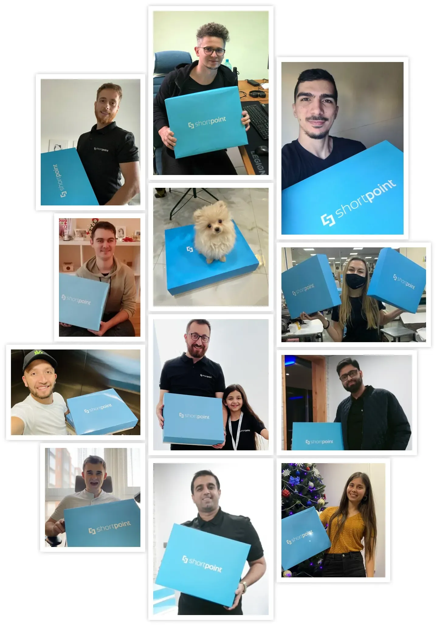 A collage of members with their welcome boxes